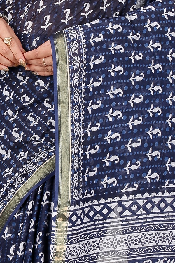 Naby Blue Pure Cotton Mela Printed Handloom Saree (1558)