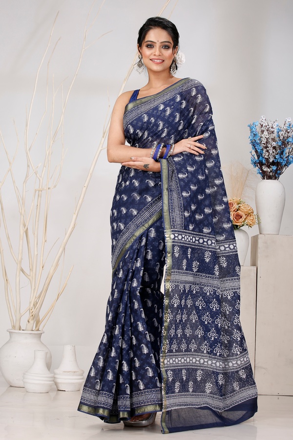 Night Blue Pure Cotton Mela Printed Handloom Saree (1559)