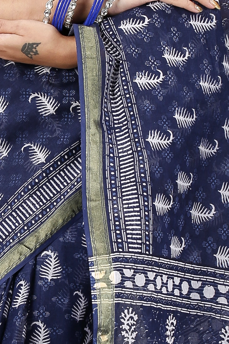 Night Blue Pure Cotton Mela Printed Handloom Saree (1559)