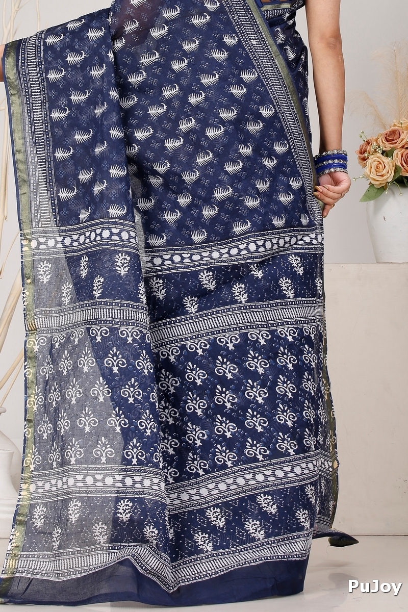 Night Blue Pure Cotton Mela Printed Handloom Saree (1559)