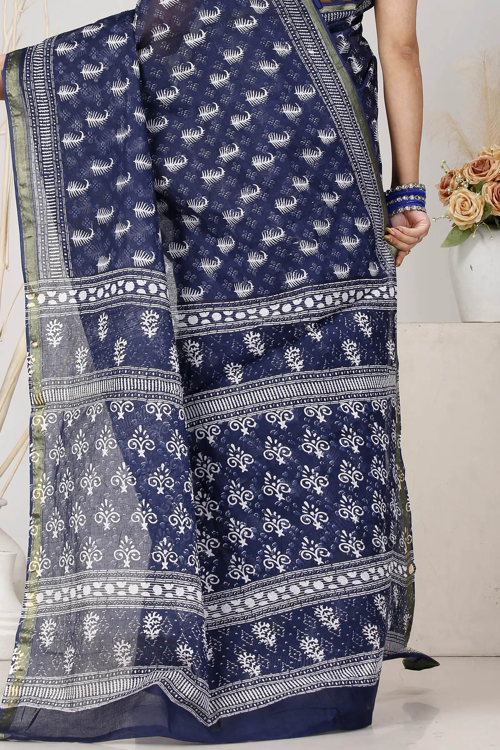 Night Blue Pure Cotton Mela Printed Handloom Saree (1559)