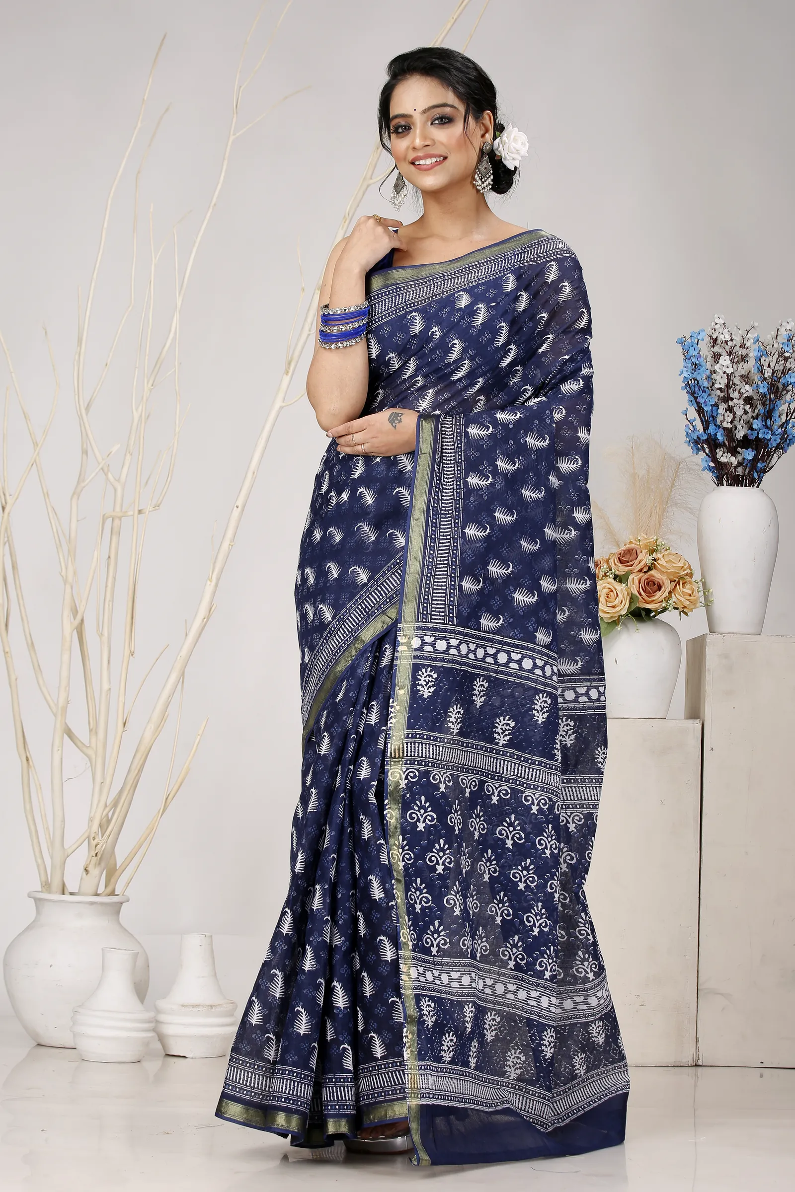 Night Blue Pure Cotton Mela Printed Handloom Saree (1559)