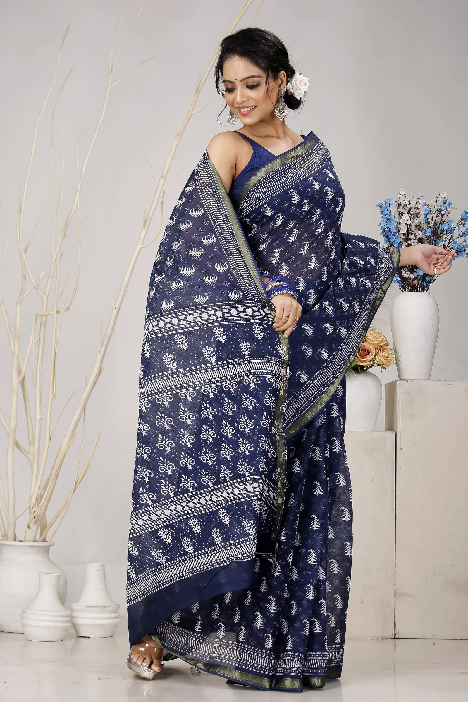Night Blue Pure Cotton Mela Printed Handloom Saree (1559)