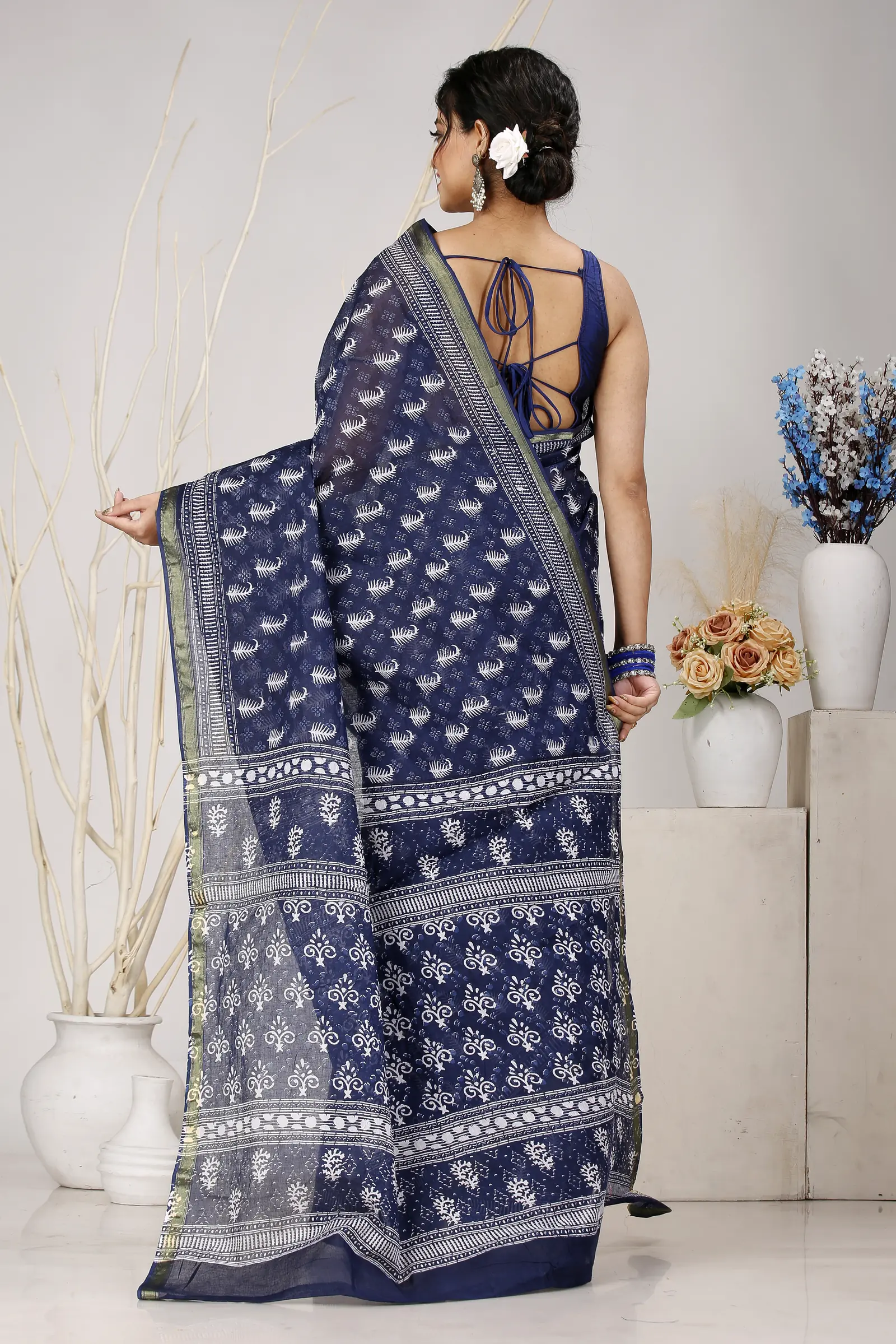 Night Blue Pure Cotton Mela Printed Handloom Saree (1559)