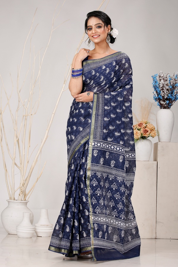 Night Blue Pure Cotton Mela Printed Handloom Saree (1559)