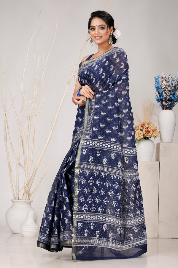 Night Blue Pure Cotton Mela Printed Handloom Saree (1559)