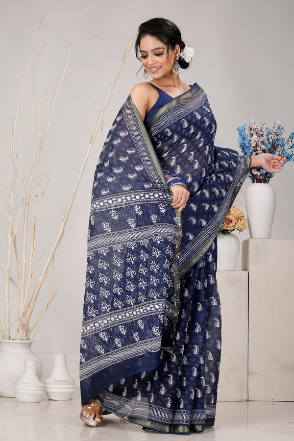 Night Blue Pure Cotton Mela Printed Handloom Saree (1559)