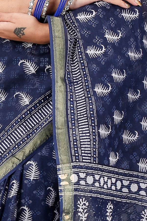 Night Blue Pure Cotton Mela Printed Handloom Saree (1559)