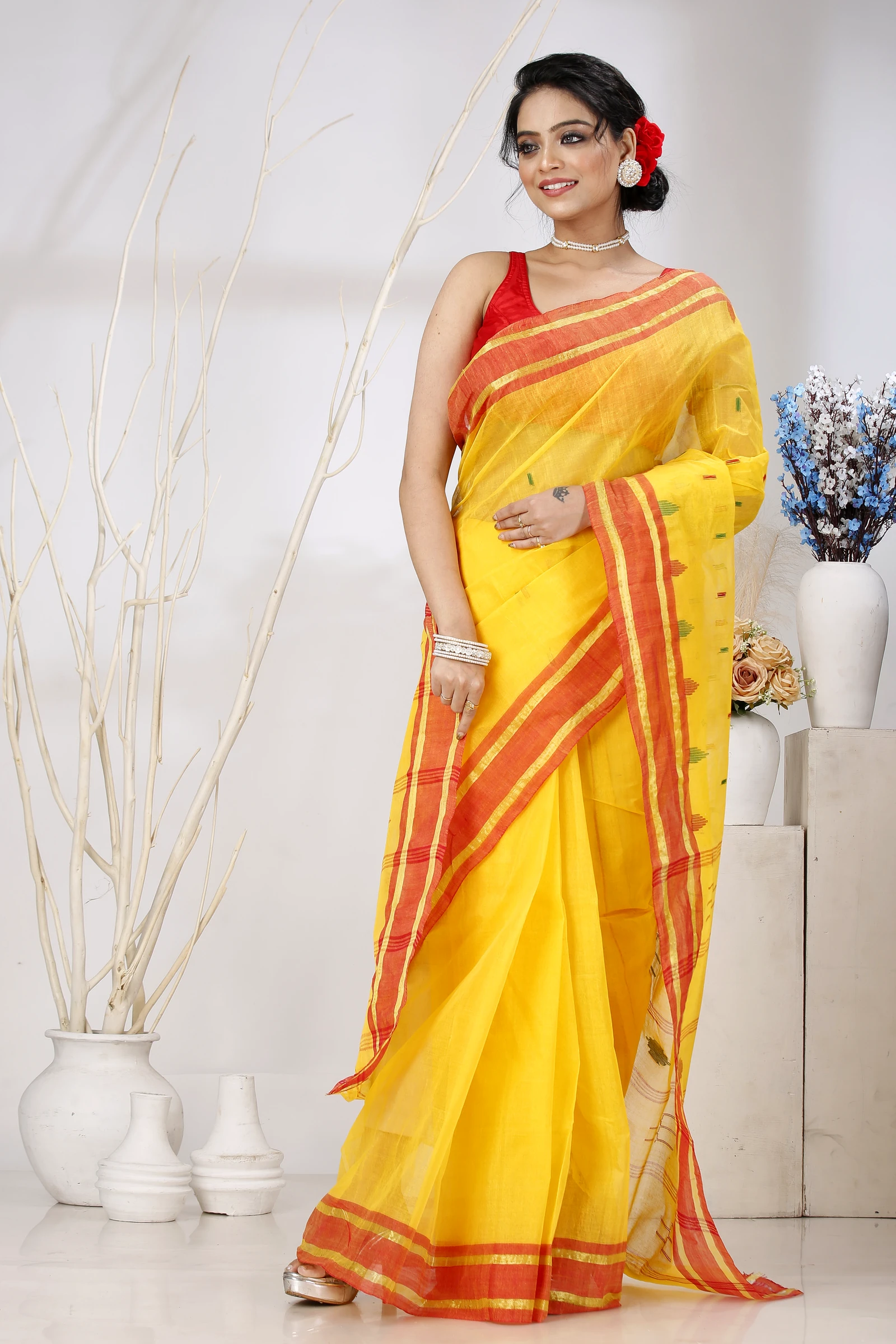Yellow Pure Cotton Metu Tant Saree (1561)