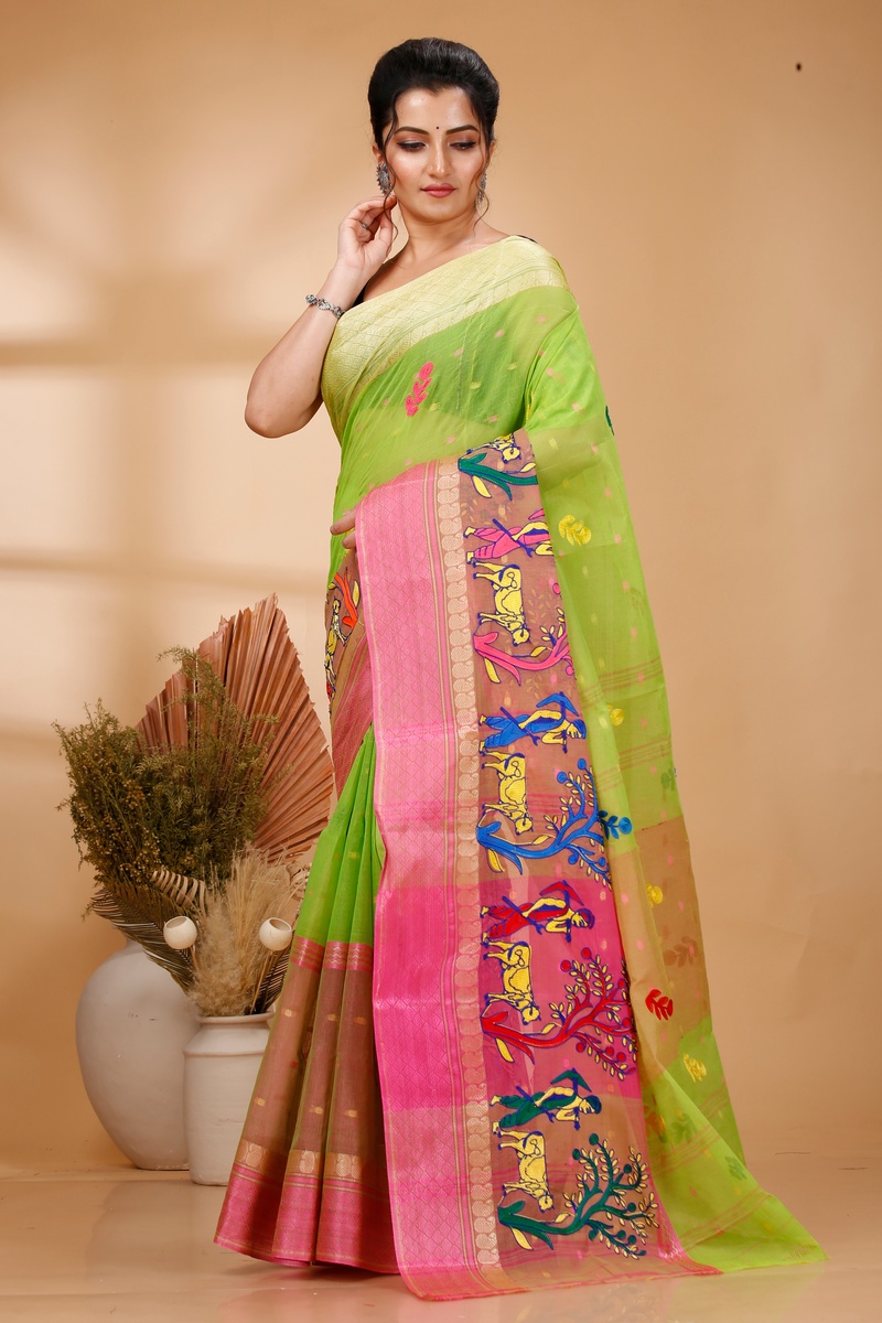 Light Green Pure Cotton Embi Ganga Agri Tant Embroidery (1566)