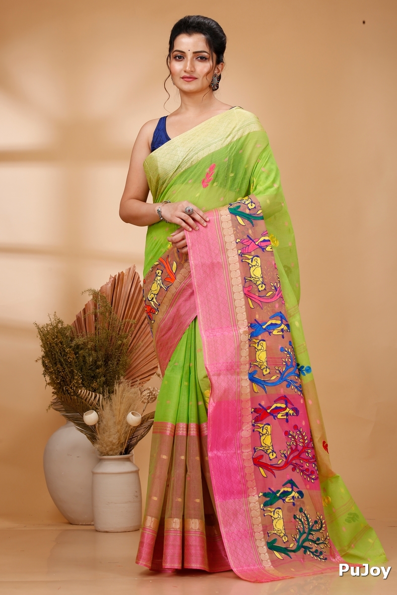 Light Green Pure Cotton Embi Ganga Agri Tant Embroidery (1566)