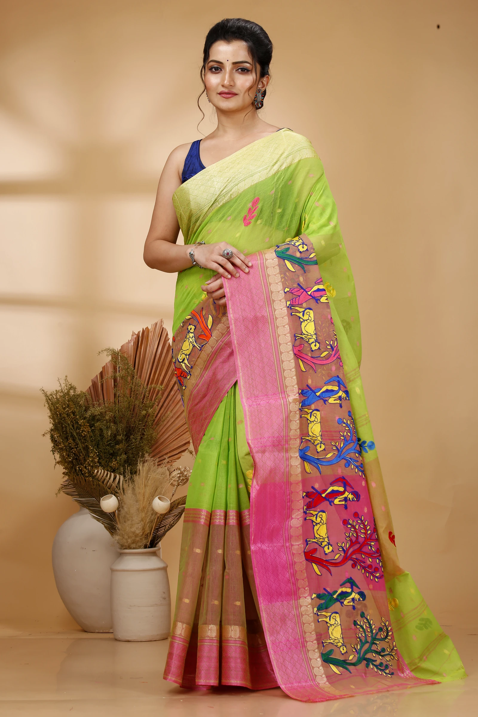 Light Green Pure Cotton Embi Ganga Agri Tant Embroidery (1566)