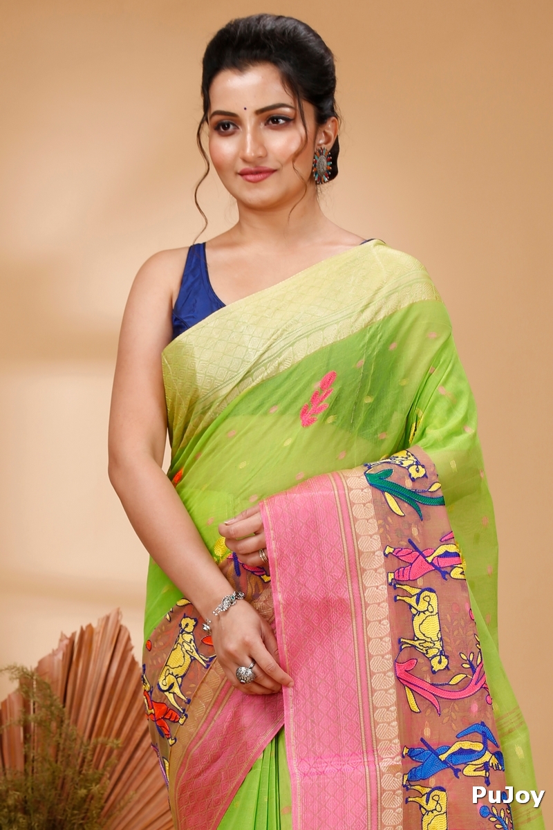 Light Green Pure Cotton Embi Ganga Agri Tant Embroidery (1566)