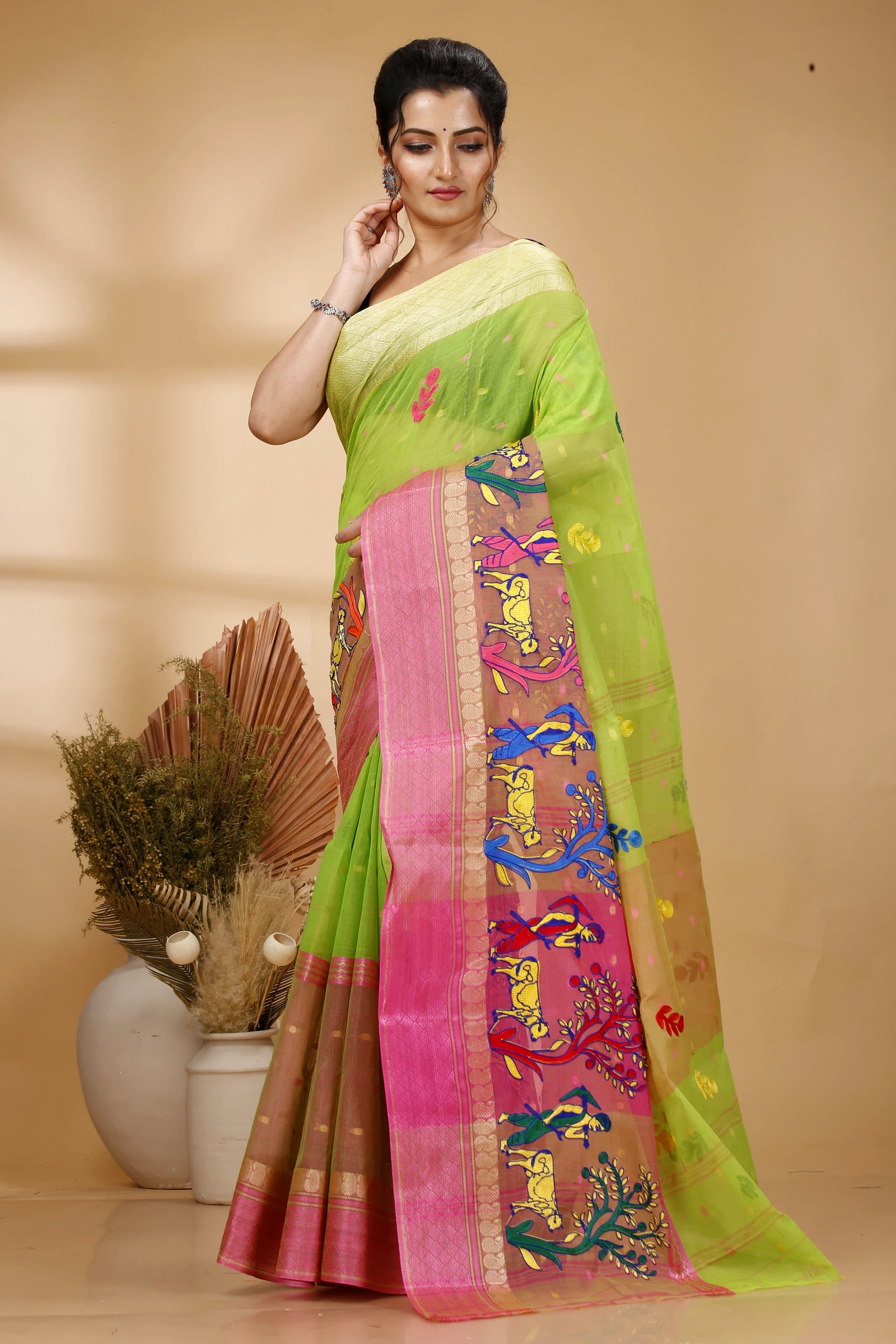 Light Green Pure Cotton Embi Ganga Agri Tant Embroidery (1566)