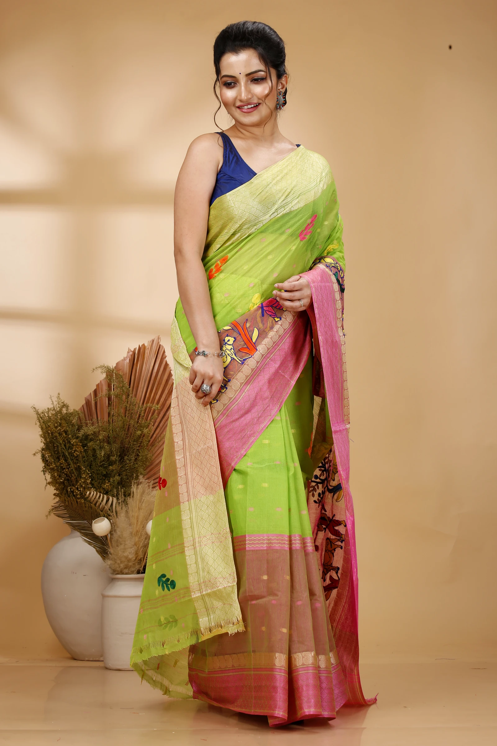 Light Green Pure Cotton Embi Ganga Agri Tant Embroidery (1566)