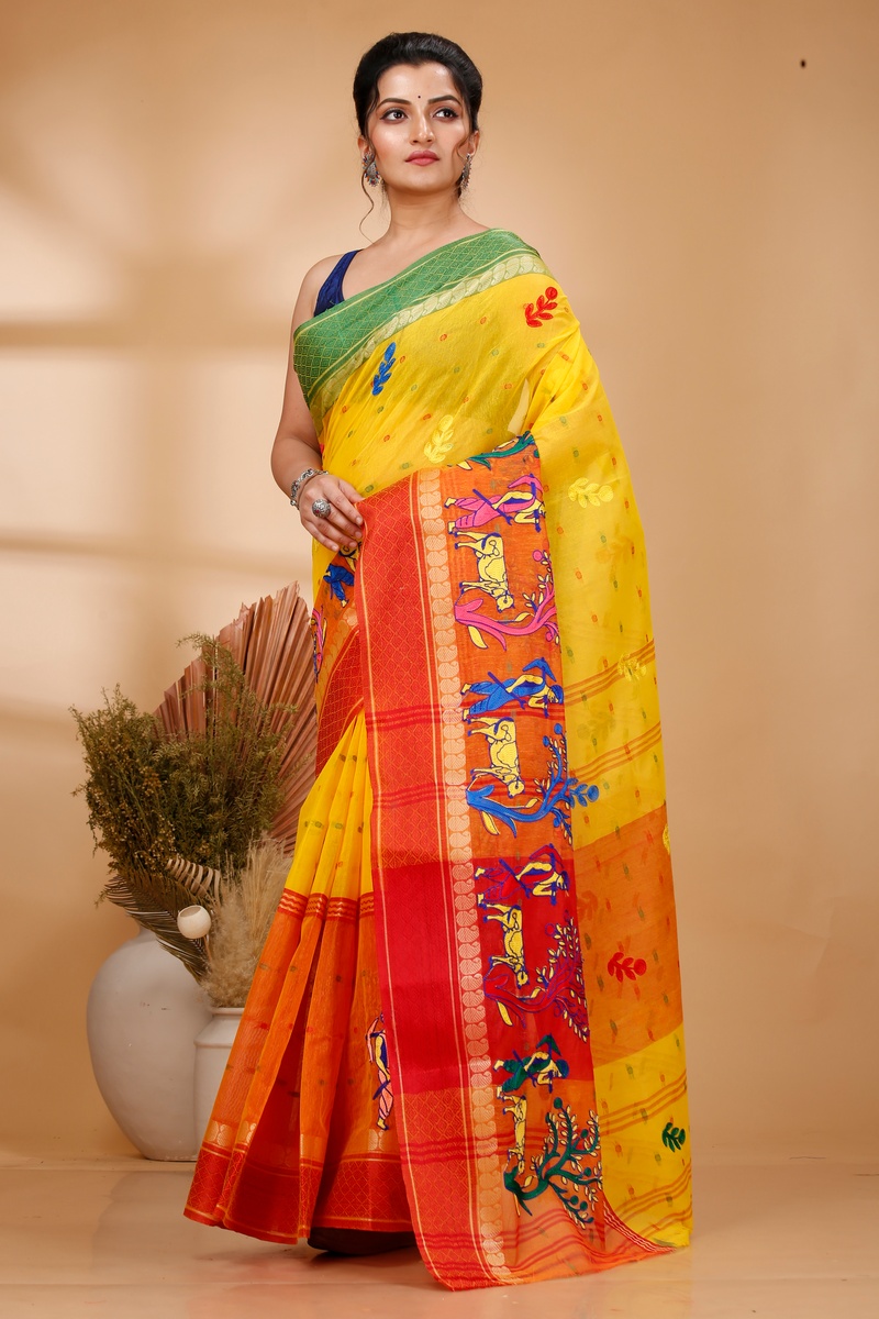Yellow Red Pure Cotton Embi Ganga Agri Tant Embroidery (1567)