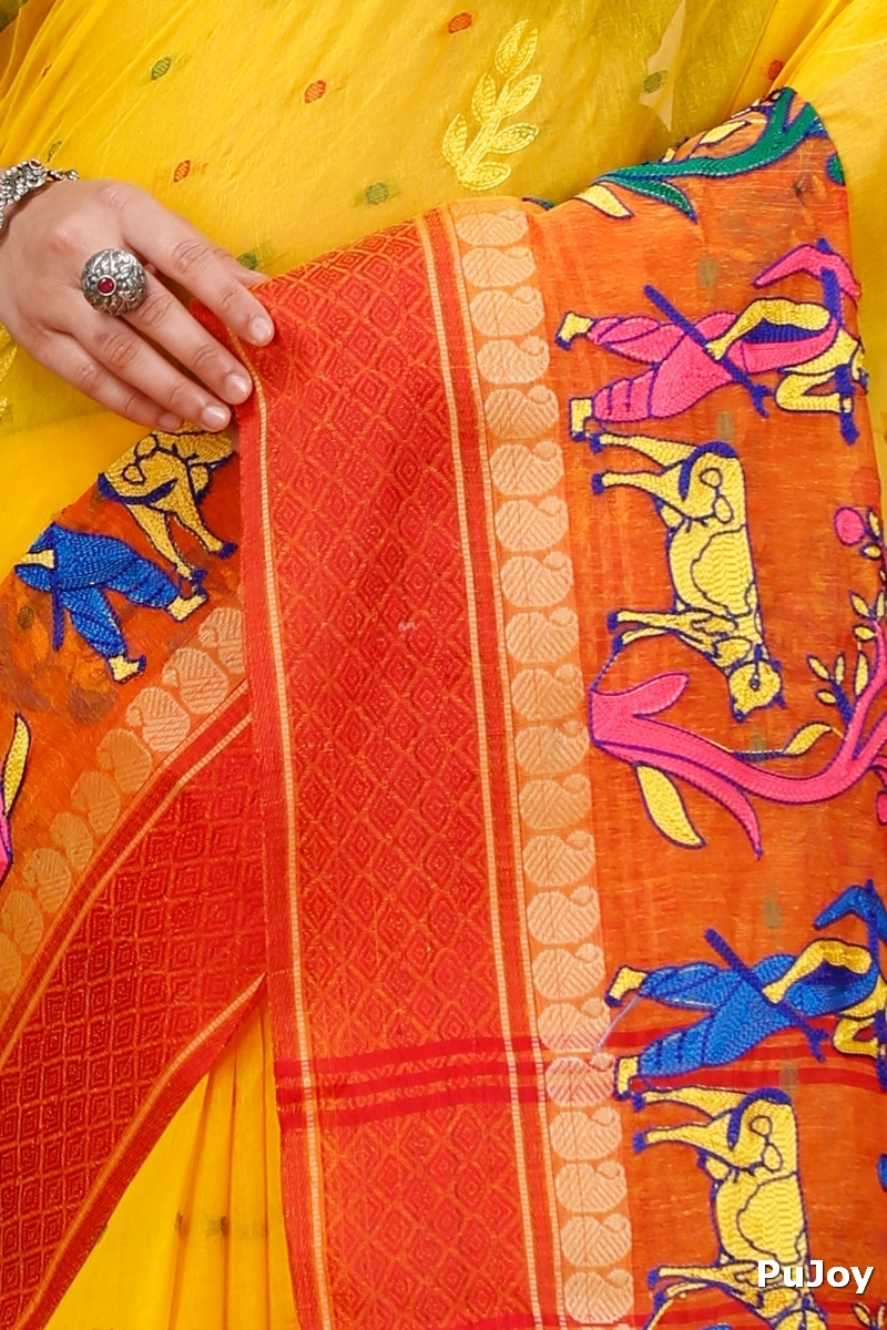 Yellow Red Pure Cotton Embi Ganga Agri Tant Embroidery (1567)