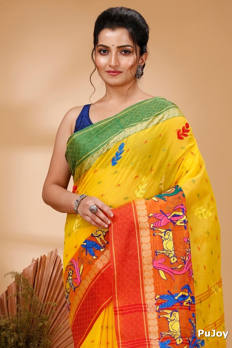 Yellow Red Pure Cotton Embi Ganga Agri Tant Embroidery (1567)
