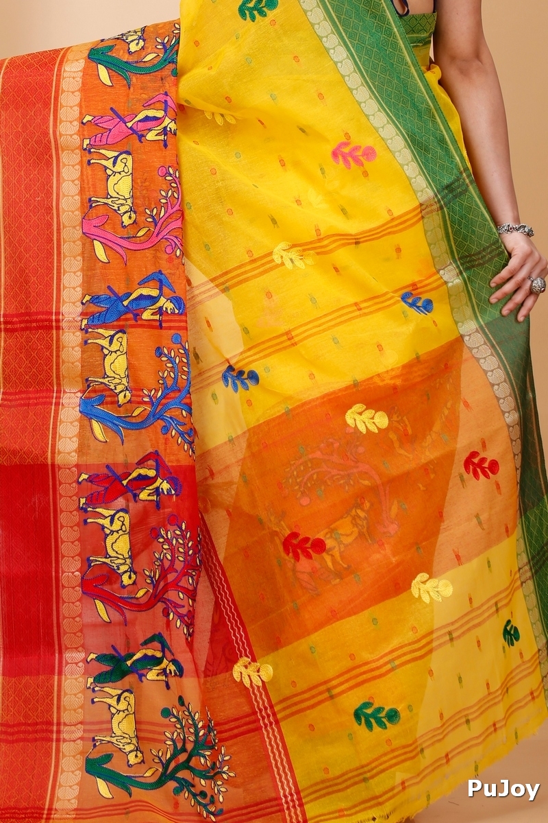 Yellow Red Pure Cotton Embi Ganga Agri Tant Embroidery (1567)