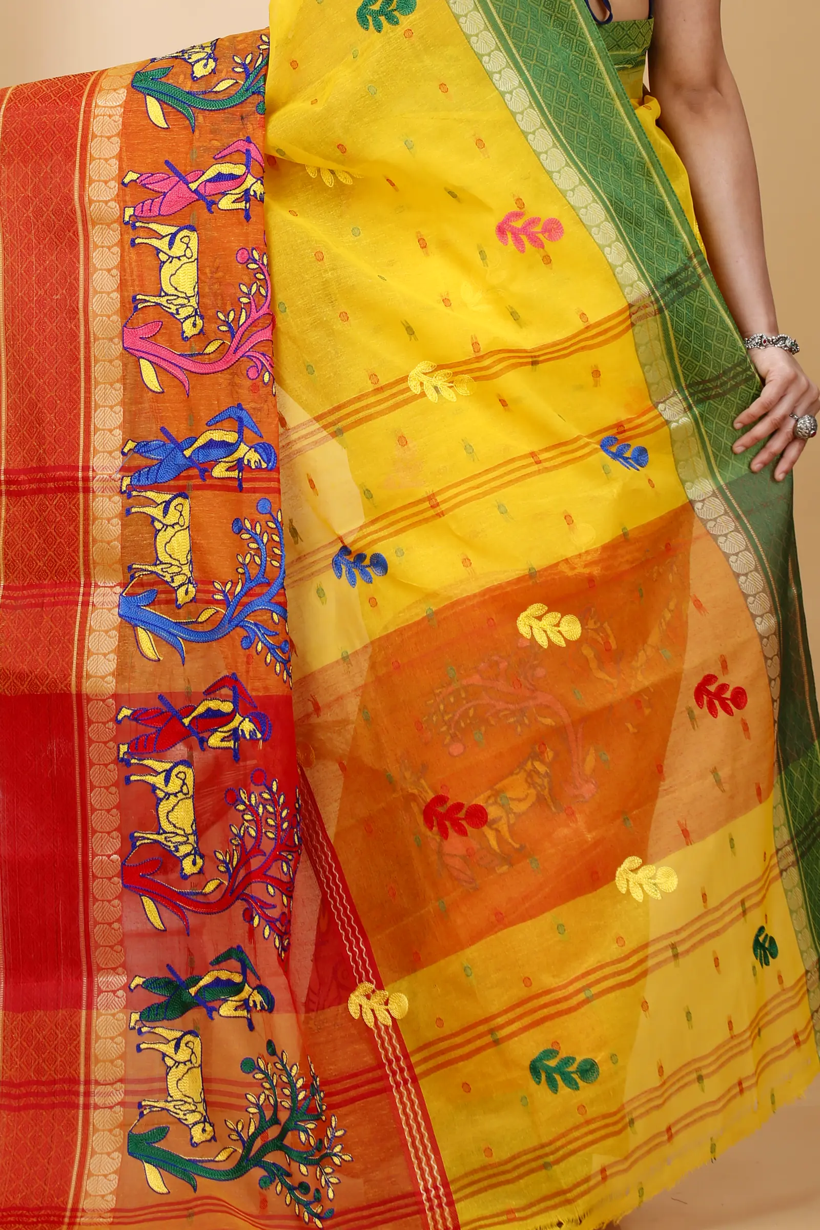 Yellow Red Pure Cotton Embi Ganga Agri Tant Embroidery (1567)