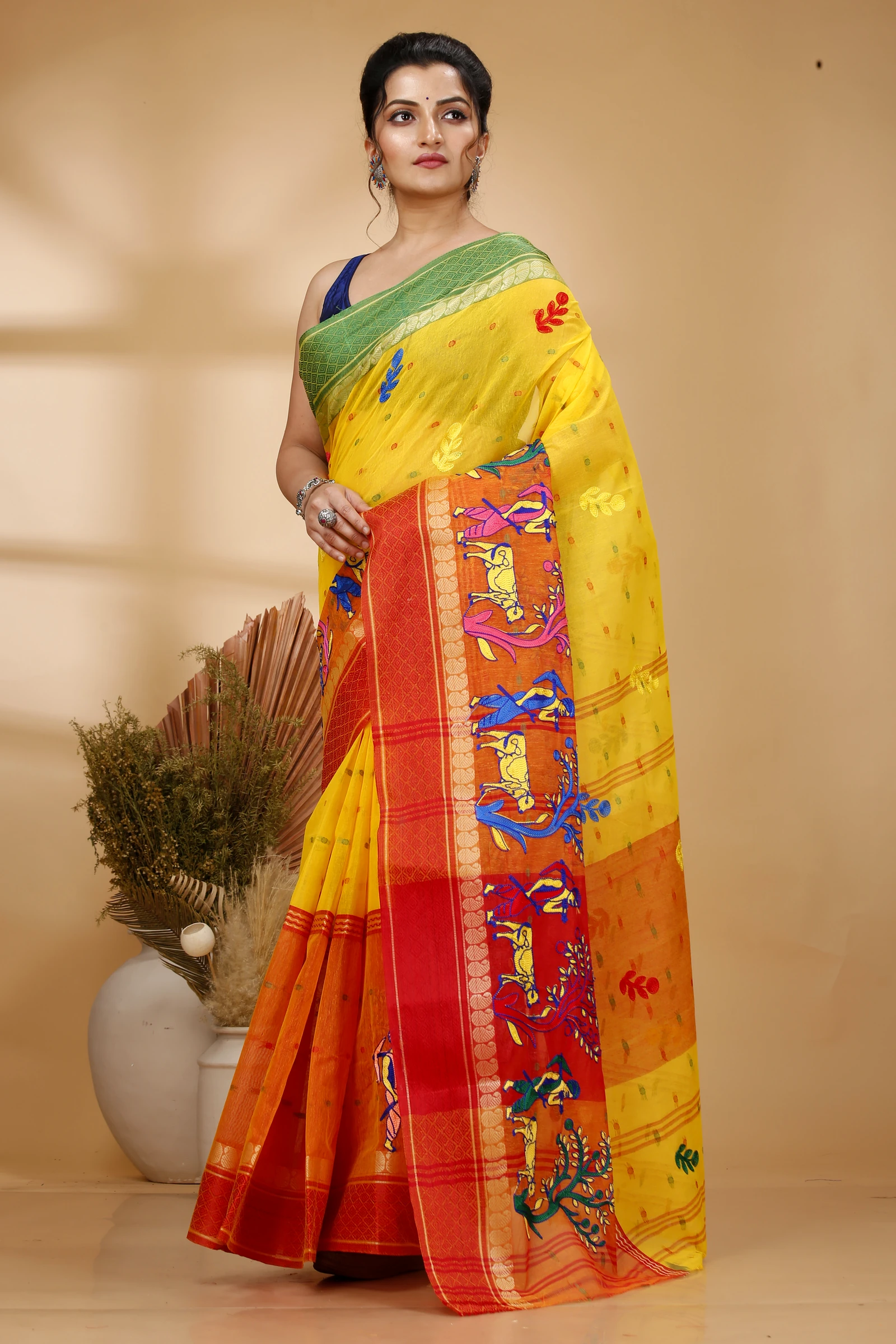 Yellow Red Pure Cotton Embi Ganga Agri Tant Embroidery (1567)