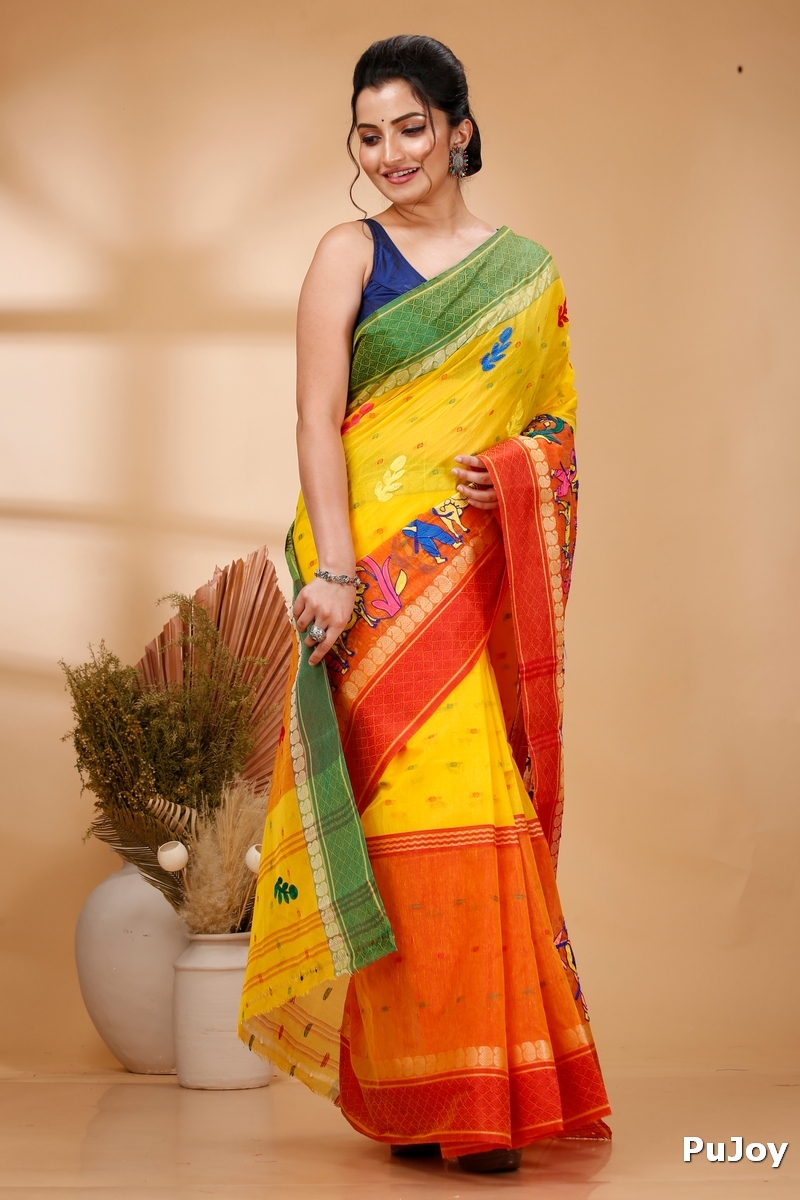Yellow Red Pure Cotton Embi Ganga Agri Tant Embroidery (1567)
