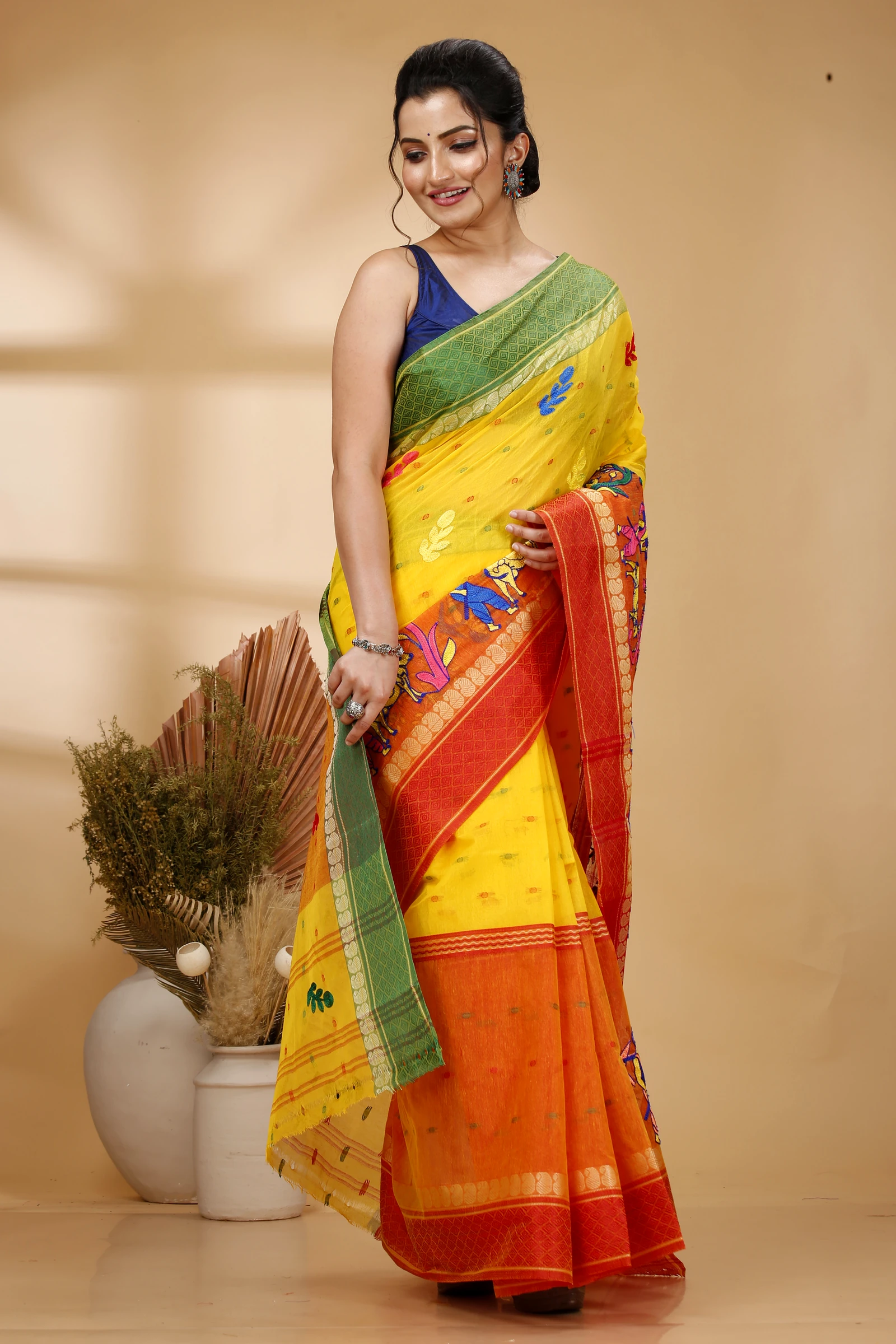 Yellow Red Pure Cotton Embi Ganga Agri Tant Embroidery (1567)