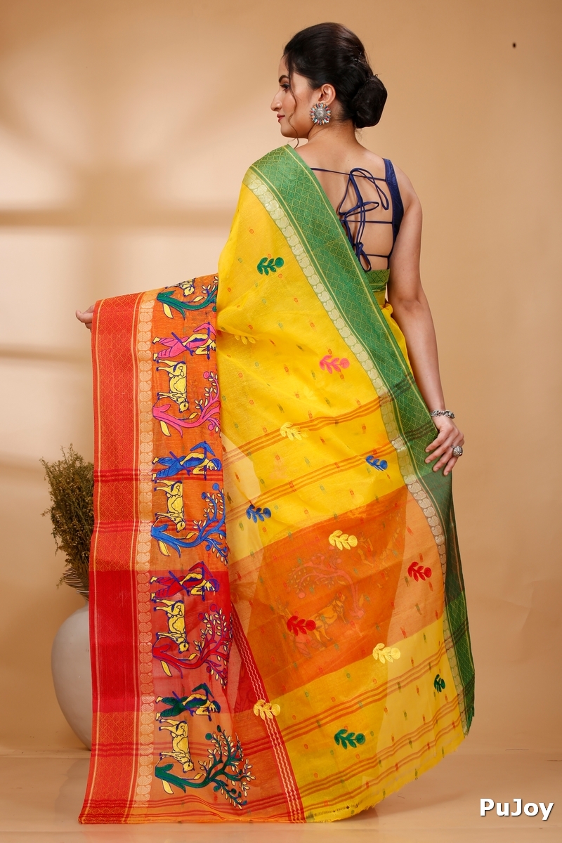 Yellow Red Pure Cotton Embi Ganga Agri Tant Embroidery (1567)