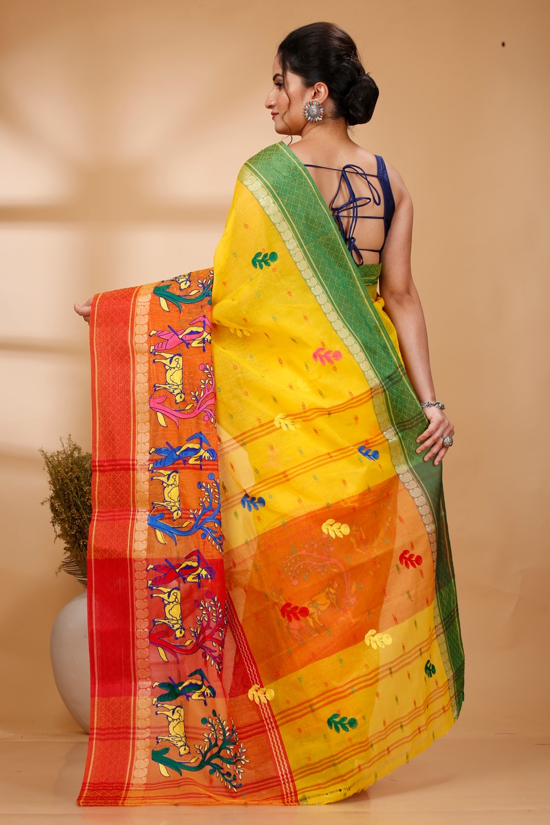 Yellow Red Pure Cotton Embi Ganga Agri Tant Embroidery (1567)