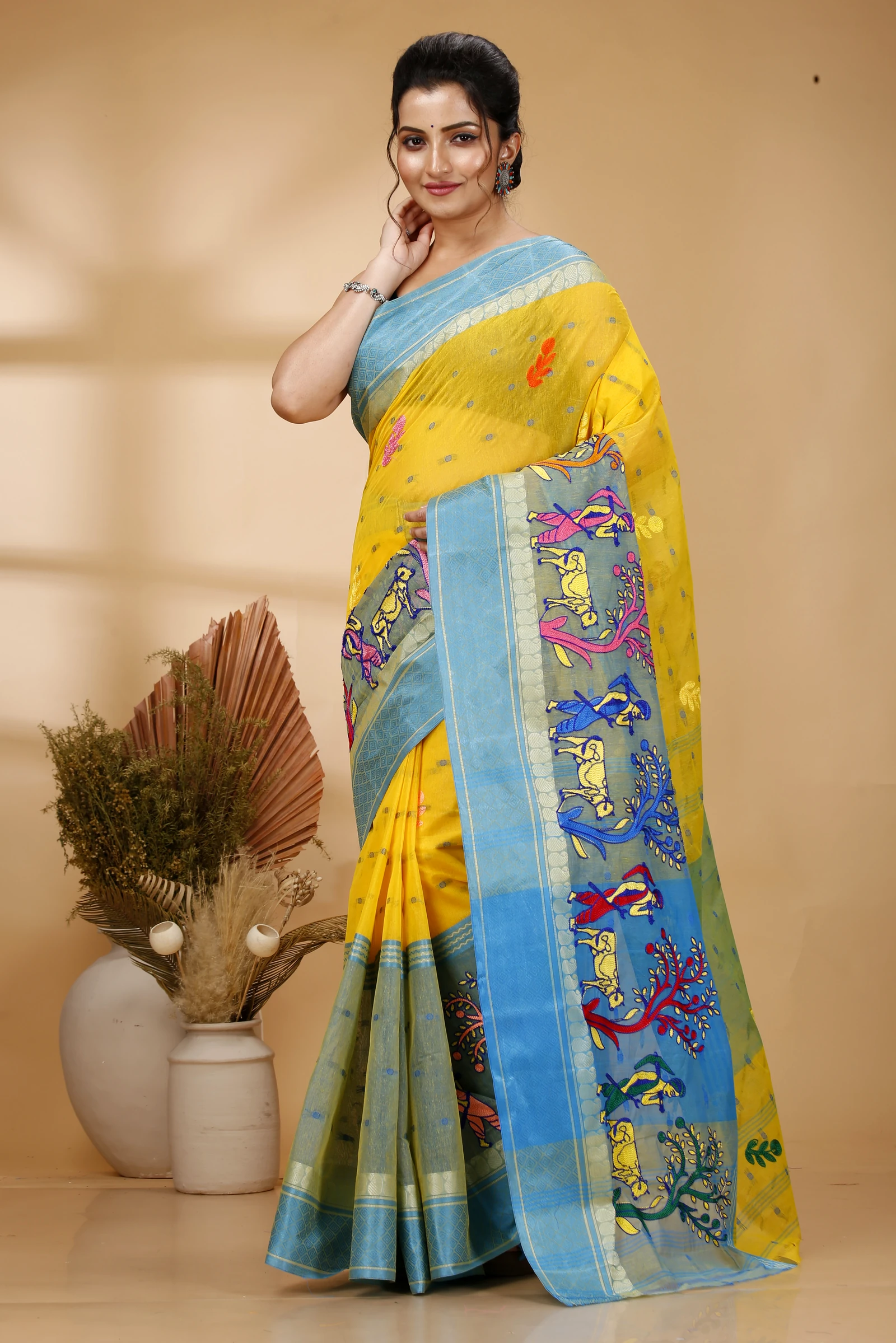 Light Yellow Pure Cotton Embi Ganga Agri Tant Embroidery (1568)