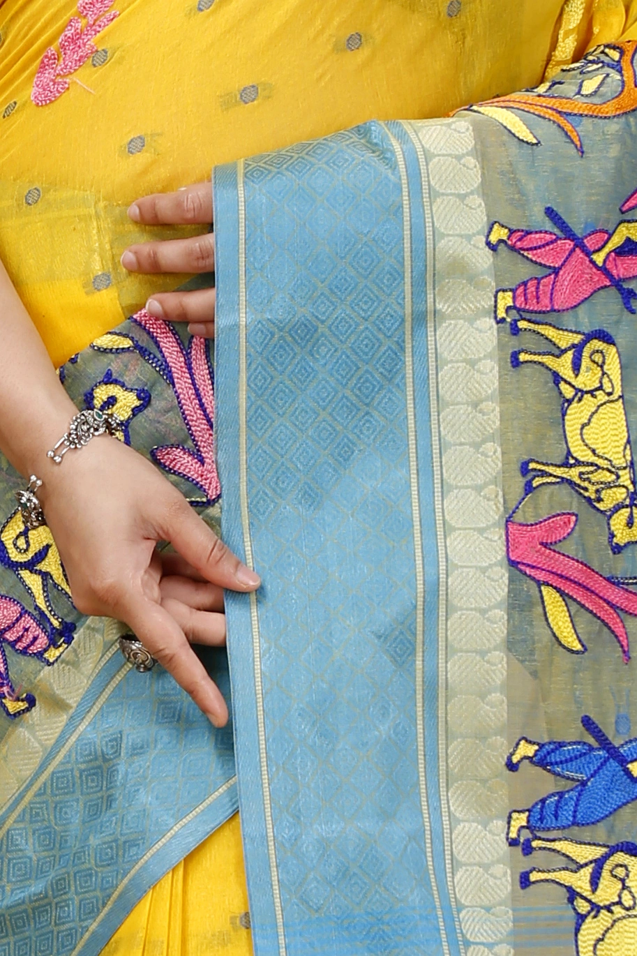 Light Yellow Pure Cotton Embi Ganga Agri Tant Embroidery (1568)
