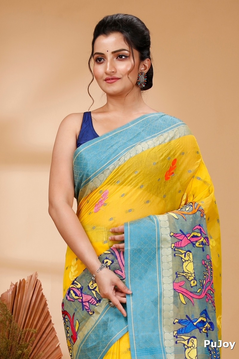 Light Yellow Pure Cotton Embi Ganga Agri Tant Embroidery (1568)