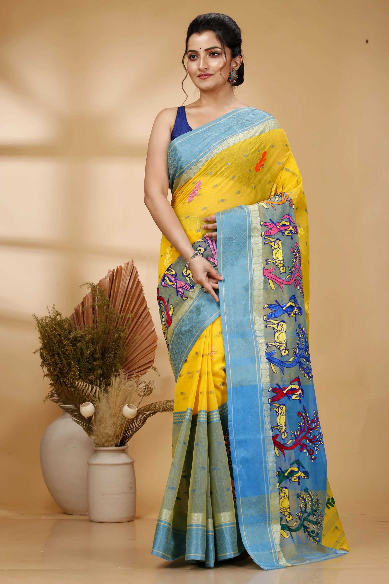 Light Yellow Pure Cotton Embi Ganga Agri Tant Embroidery (1568)