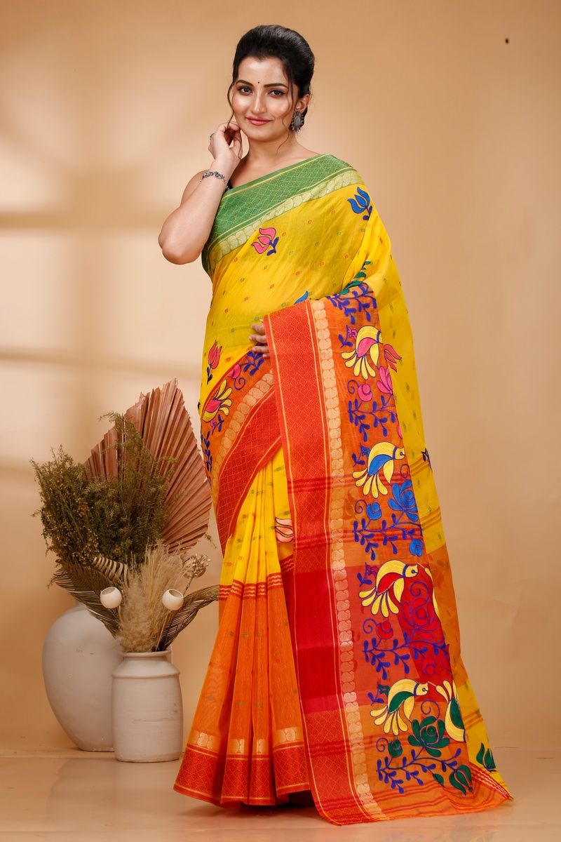 Yellow Red Pure Cotton Embi Ganga Sib Tant Embroidery (1569)
