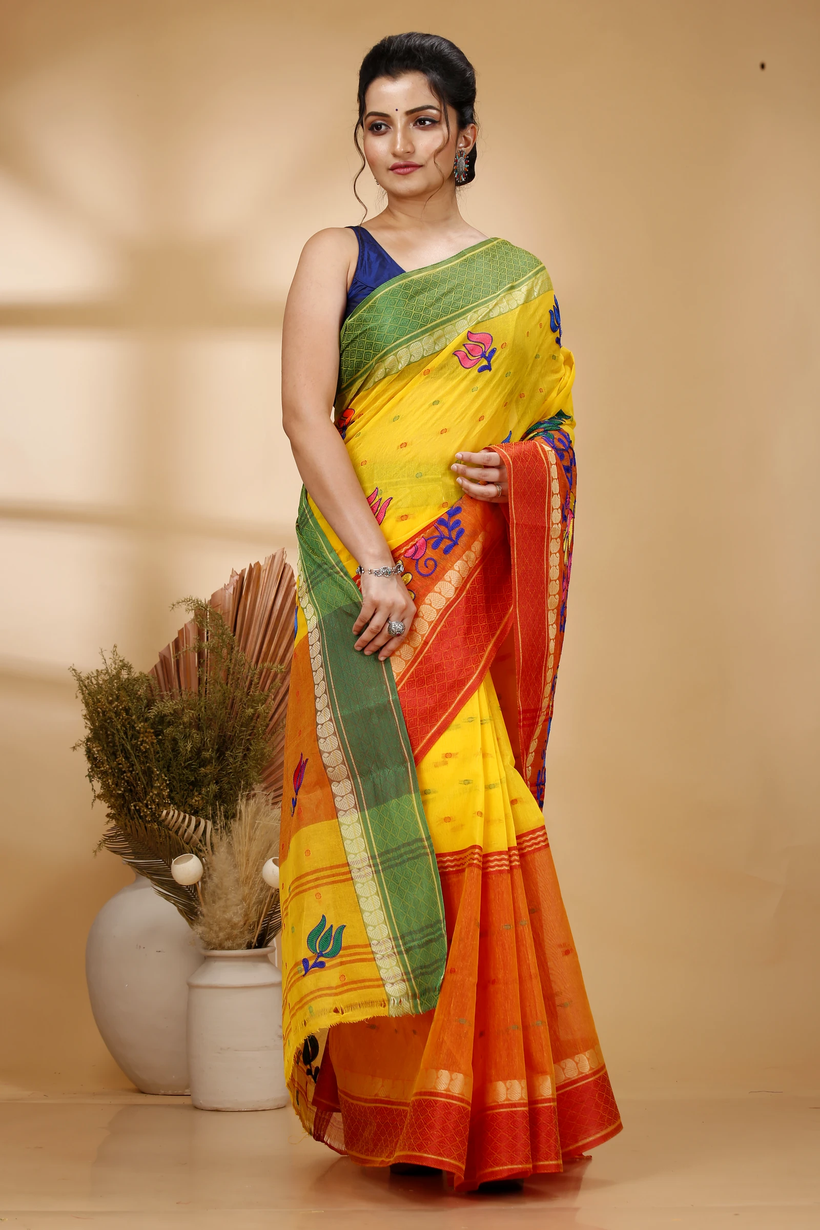 Yellow Red Pure Cotton Embi Ganga Sib Tant Embroidery (1569)