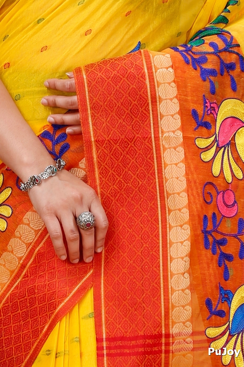 Yellow Red Pure Cotton Embi Ganga Sib Tant Embroidery (1569)