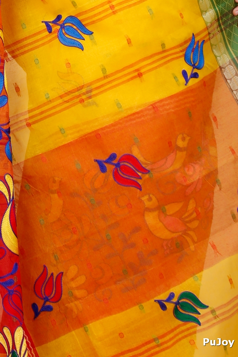 Yellow Red Pure Cotton Embi Ganga Sib Tant Embroidery (1569)
