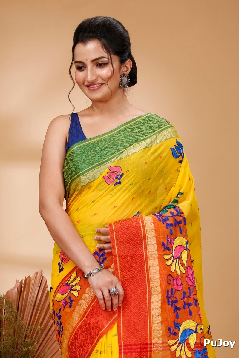 Yellow Red Pure Cotton Embi Ganga Sib Tant Embroidery (1569)