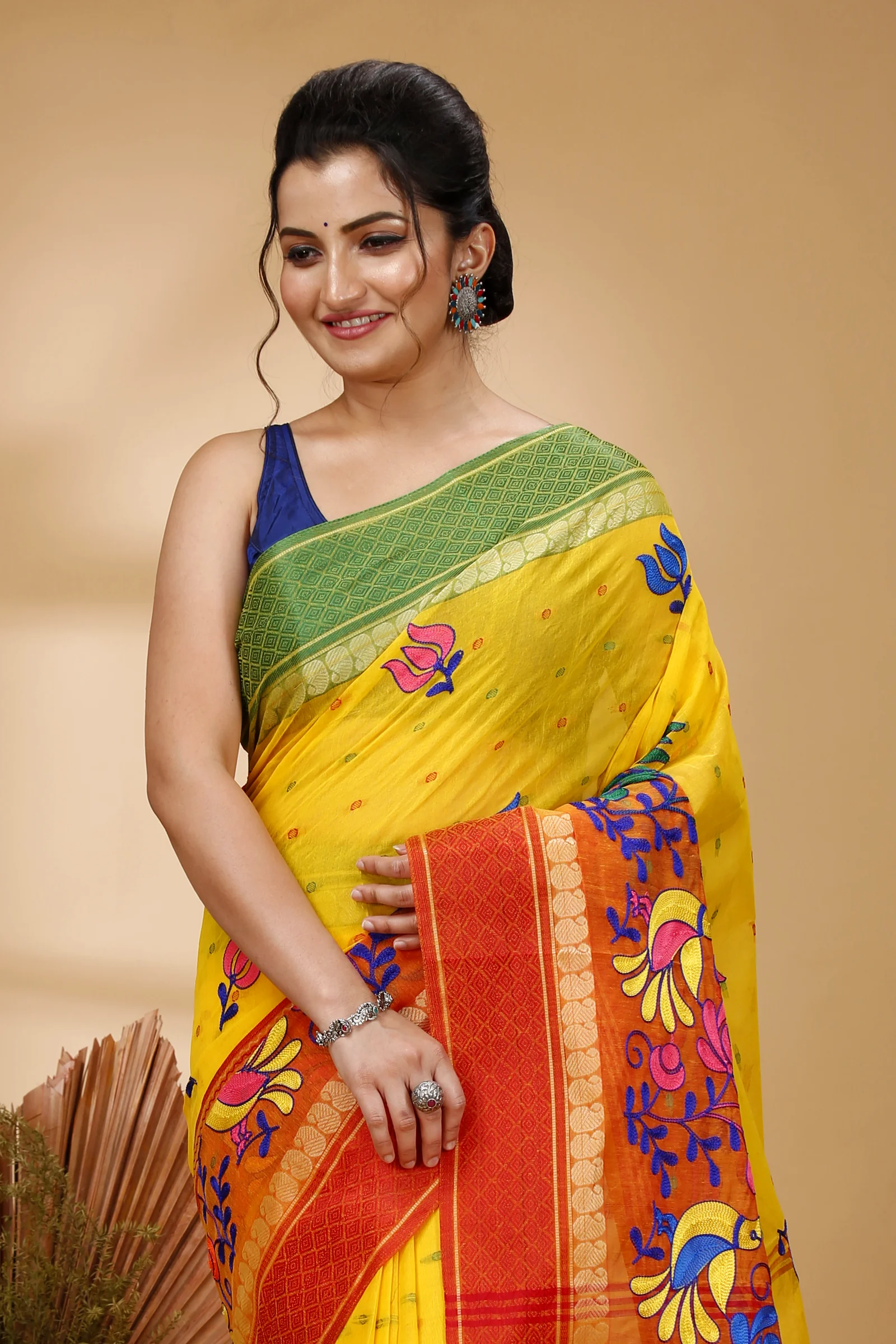 Yellow Red Pure Cotton Embi Ganga Sib Tant Embroidery (1569)