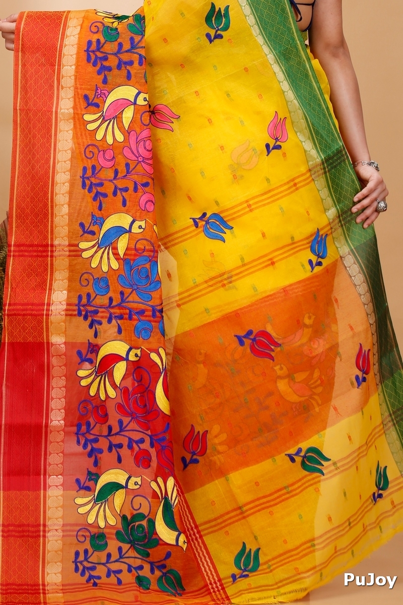Yellow Red Pure Cotton Embi Ganga Sib Tant Embroidery (1569)