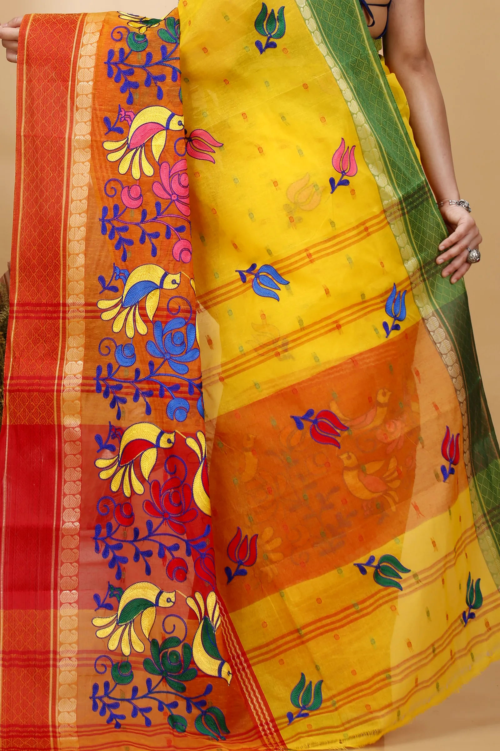 Yellow Red Pure Cotton Embi Ganga Sib Tant Embroidery (1569)