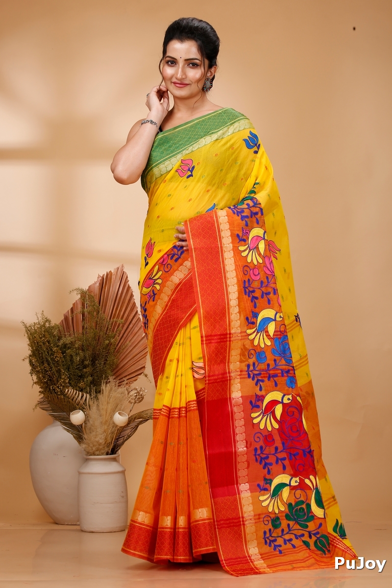 Yellow Red Pure Cotton Embi Ganga Sib Tant Embroidery (1569)