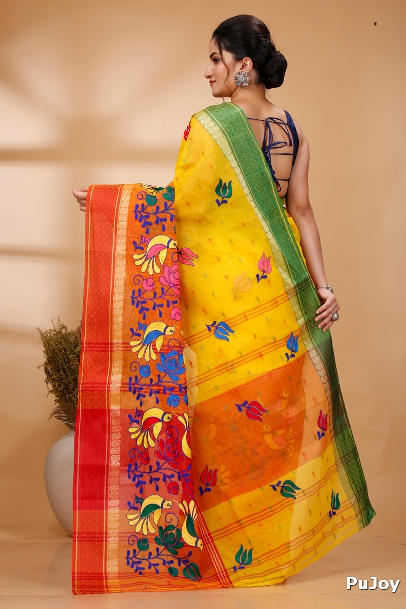 Yellow Red Pure Cotton Embi Ganga Sib Tant Embroidery (1569)