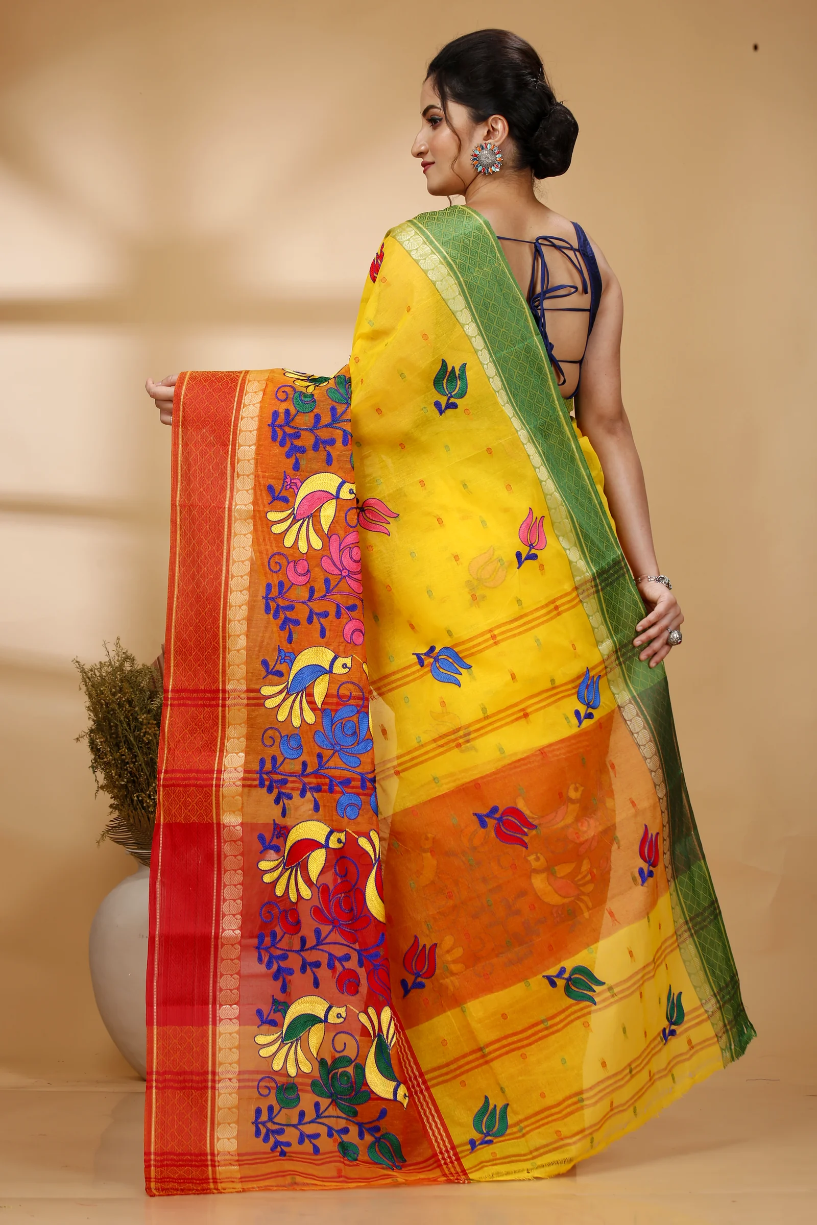 Yellow Red Pure Cotton Embi Ganga Sib Tant Embroidery (1569)