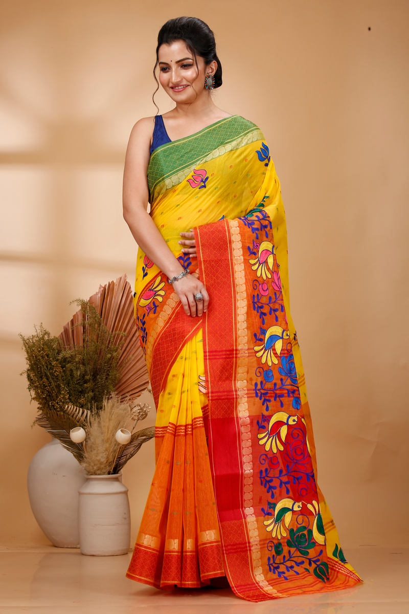 Yellow Red Pure Cotton Embi Ganga Sib Tant Embroidery (1569)