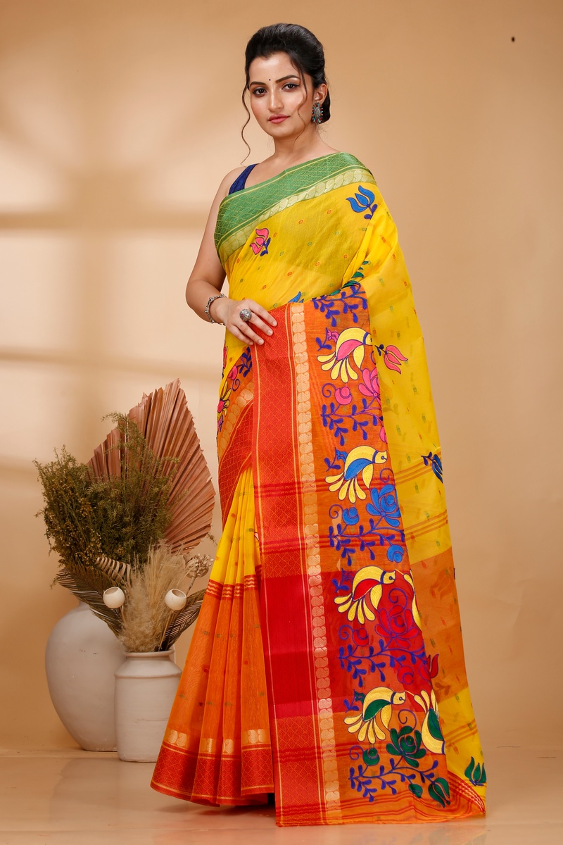 Yellow Red Pure Cotton Embi Ganga Sib Tant Embroidery (1569)