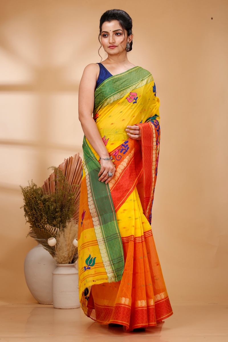 Yellow Red Pure Cotton Embi Ganga Sib Tant Embroidery (1569)