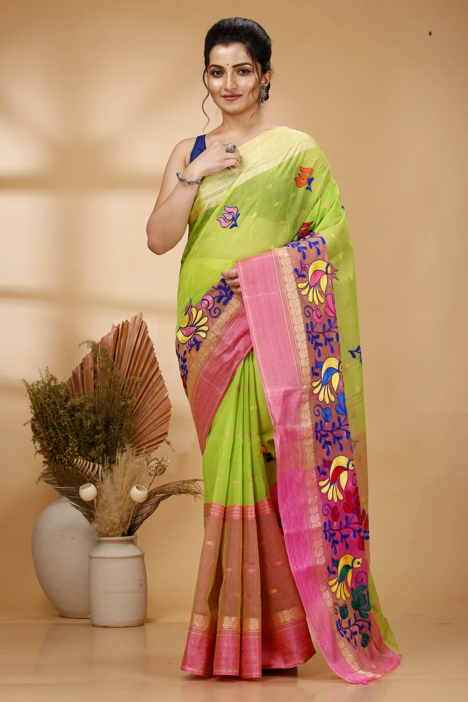 Light Green Pure Cotton Embi Ganga Sib Tant Embroidery (1570)