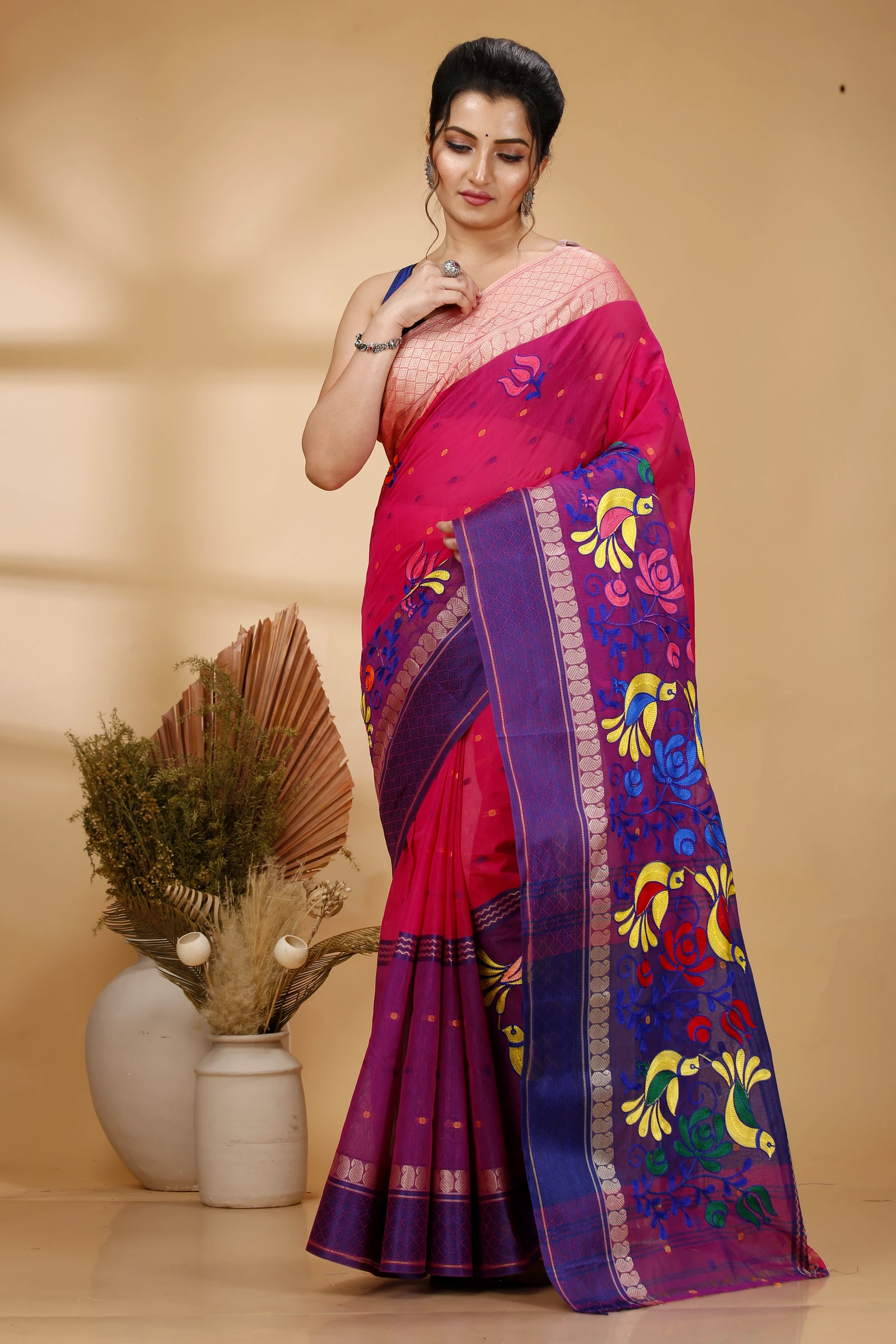 Pink Pure Cotton Embi Ganga Sib Tant Embroidery (1571)