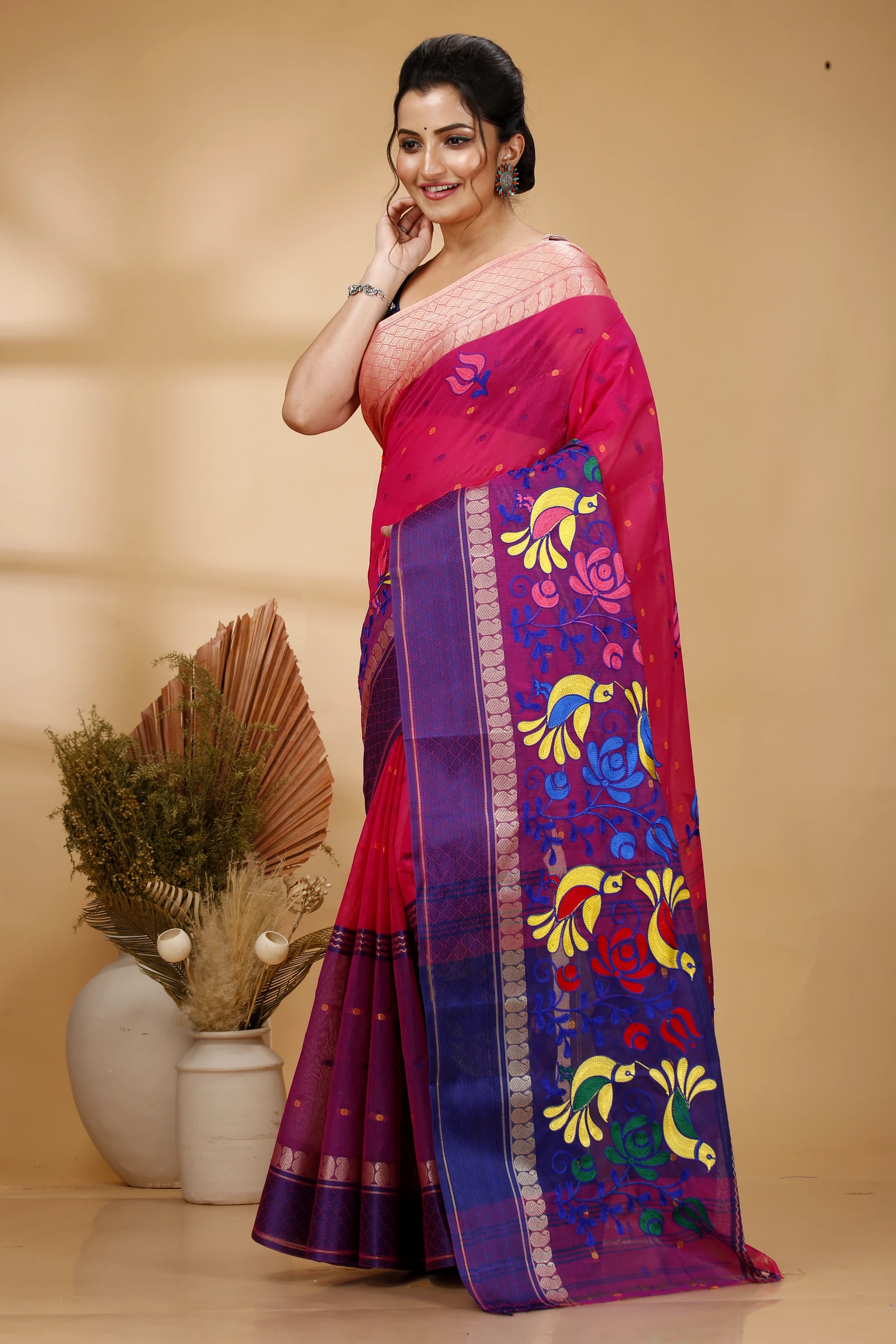Pink Pure Cotton Embi Ganga Sib Tant Embroidery (1571)